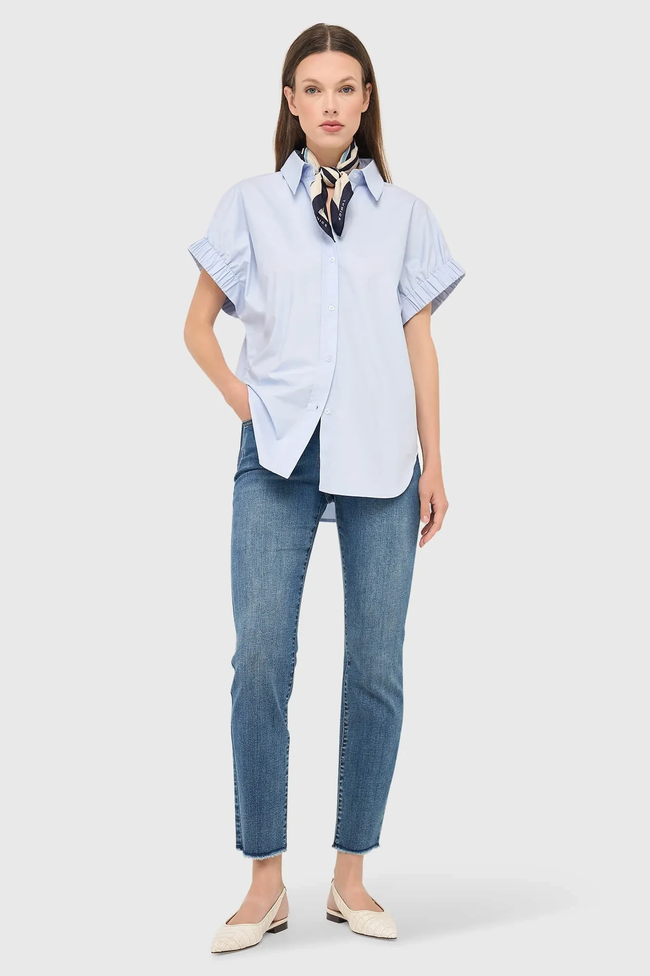Blauwe Katoenen Dames Blouse Korte Mouw Yaro