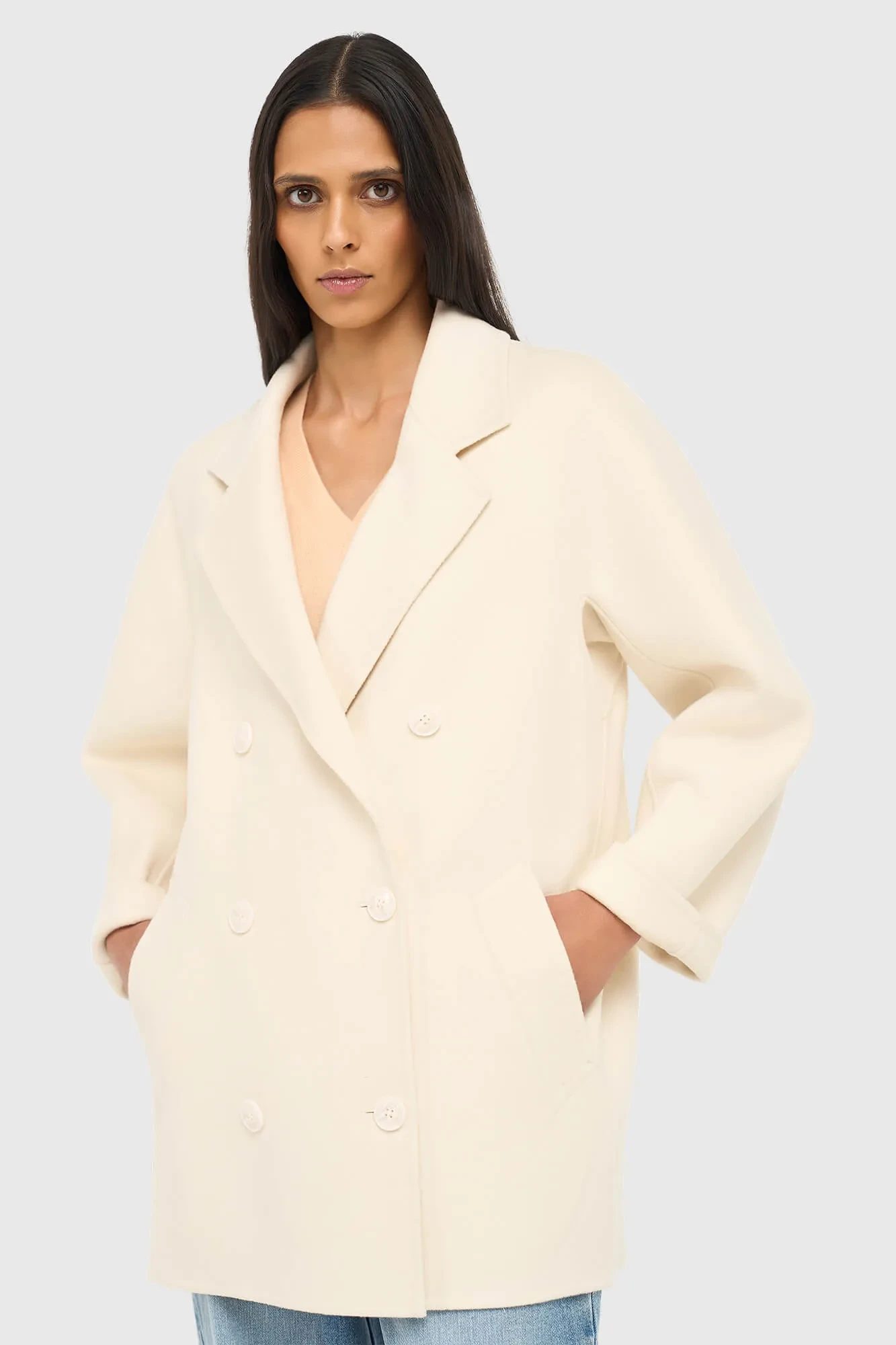 Women's Double-Faced Cashmere Caban Coat, Kennedy, Off-White