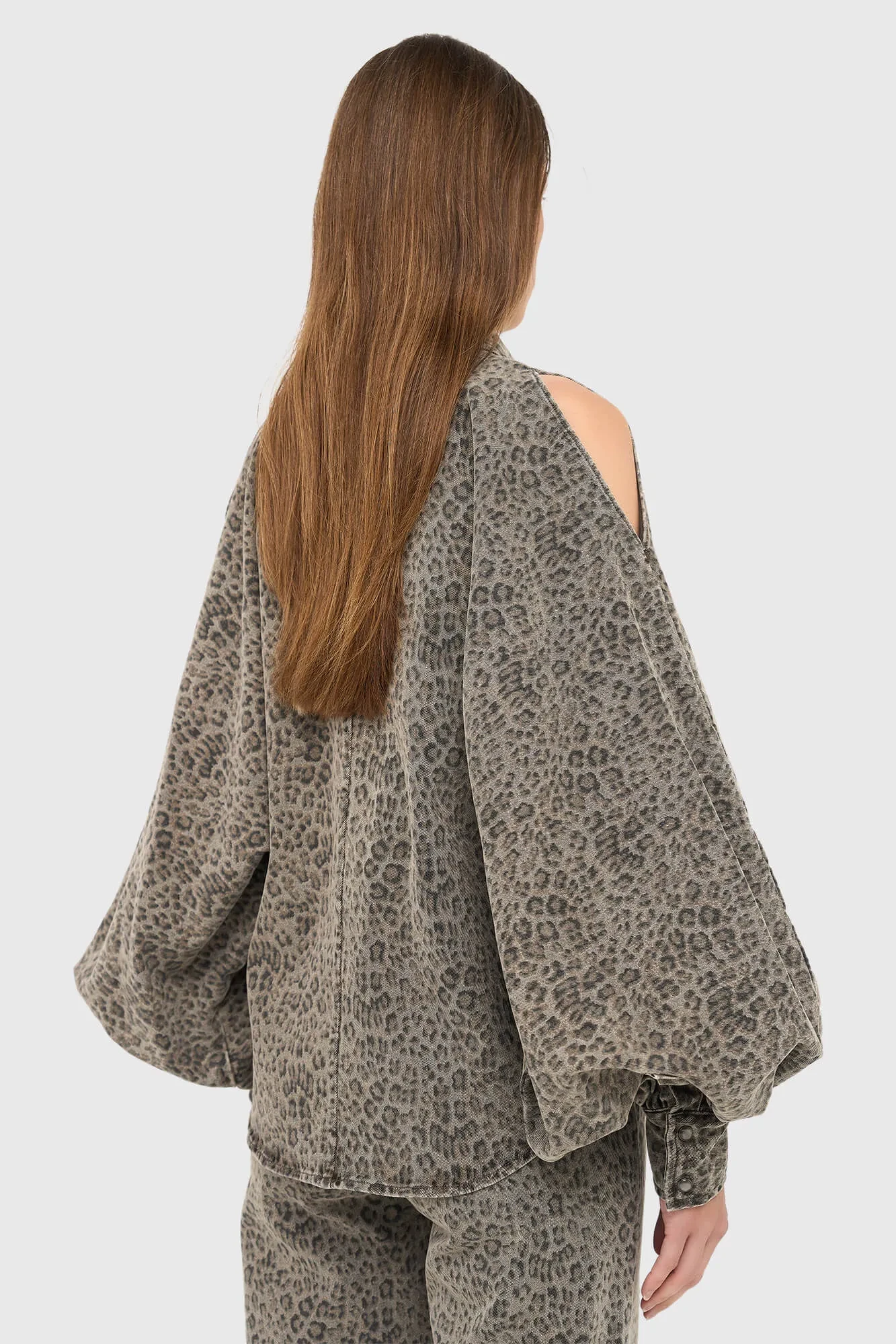 Denimbluse mit Leopardenmuster für Damen, weite Ärmel, Farbe: Stone
