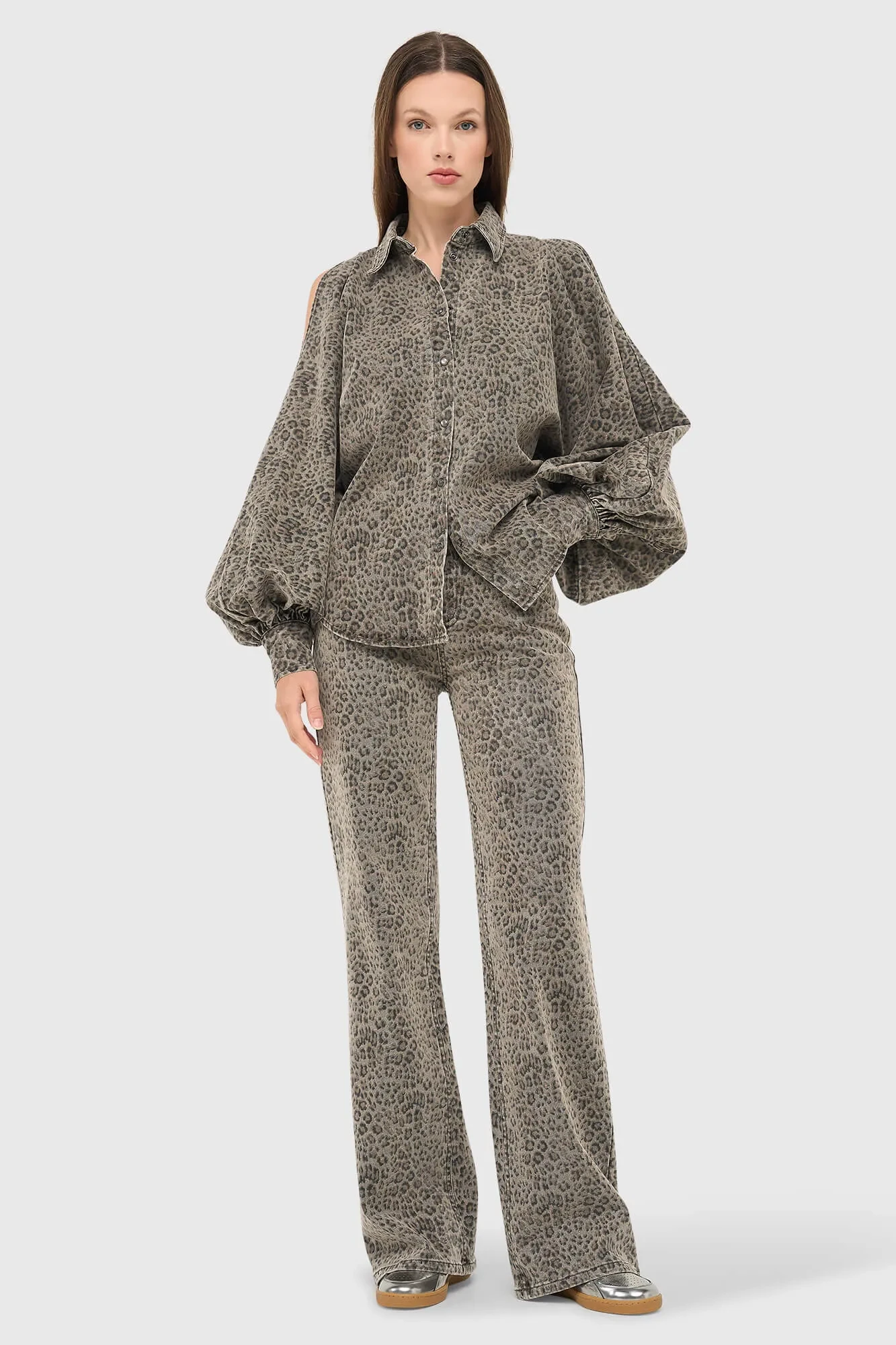 Panterprint Denim Blouse Dames Wijde Mouw Stone