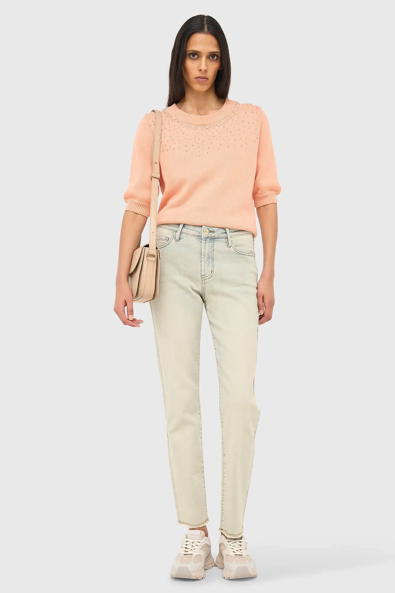 Peach Baumwoll-Damenpullover mit Strasssteinen von Barret