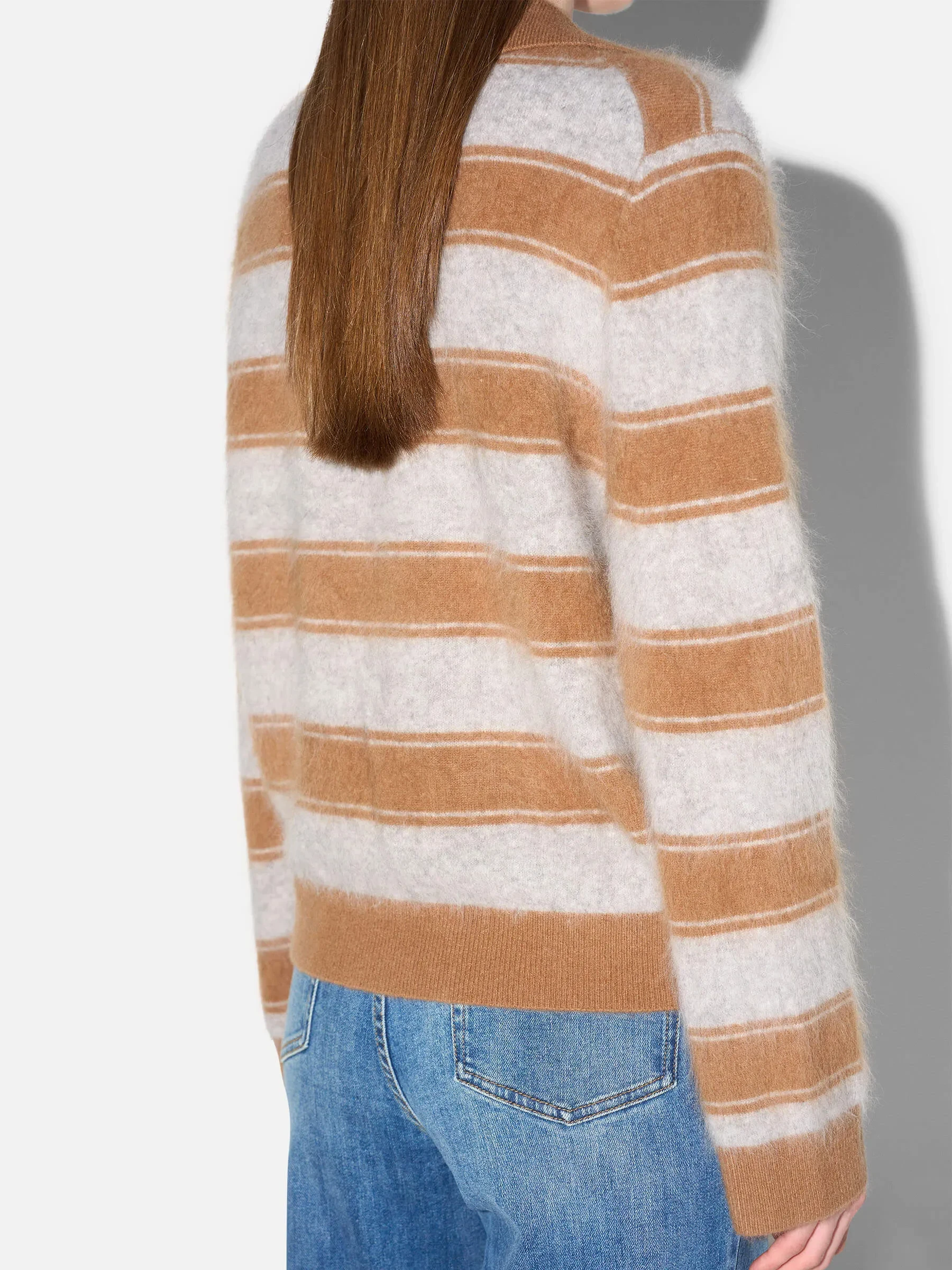 Polo Hals Dames Trui Merino Wol Cashmere Resort Camel Strepen