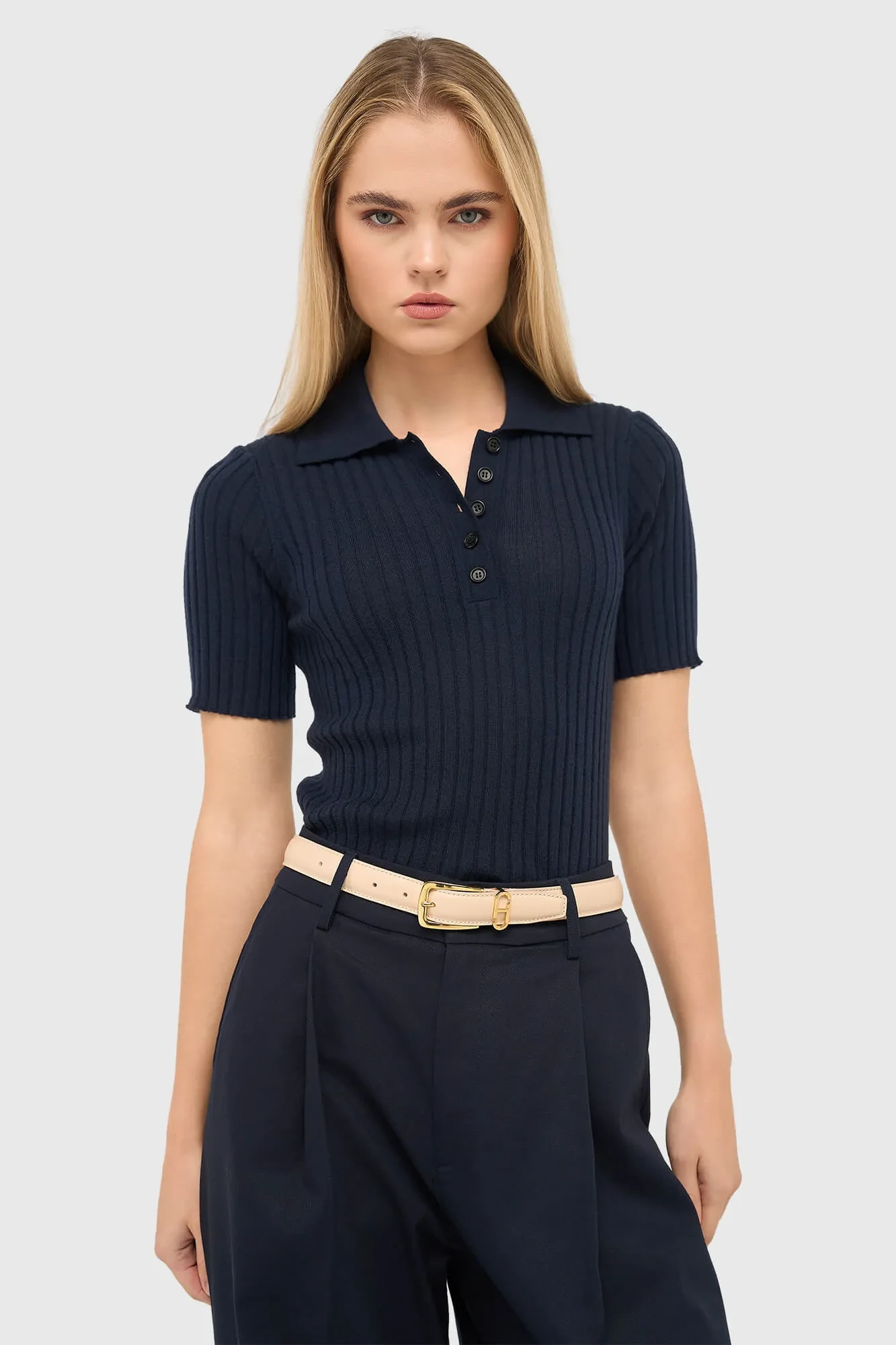 Kian Navy Blue Knitted Merino Wool Polo Sweater
