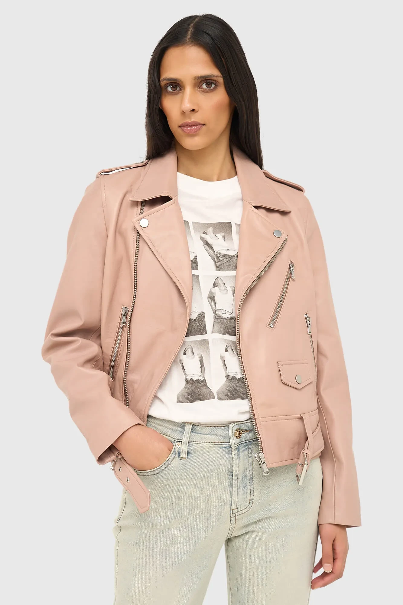Rosa Leder-Bikerjacke von Burke