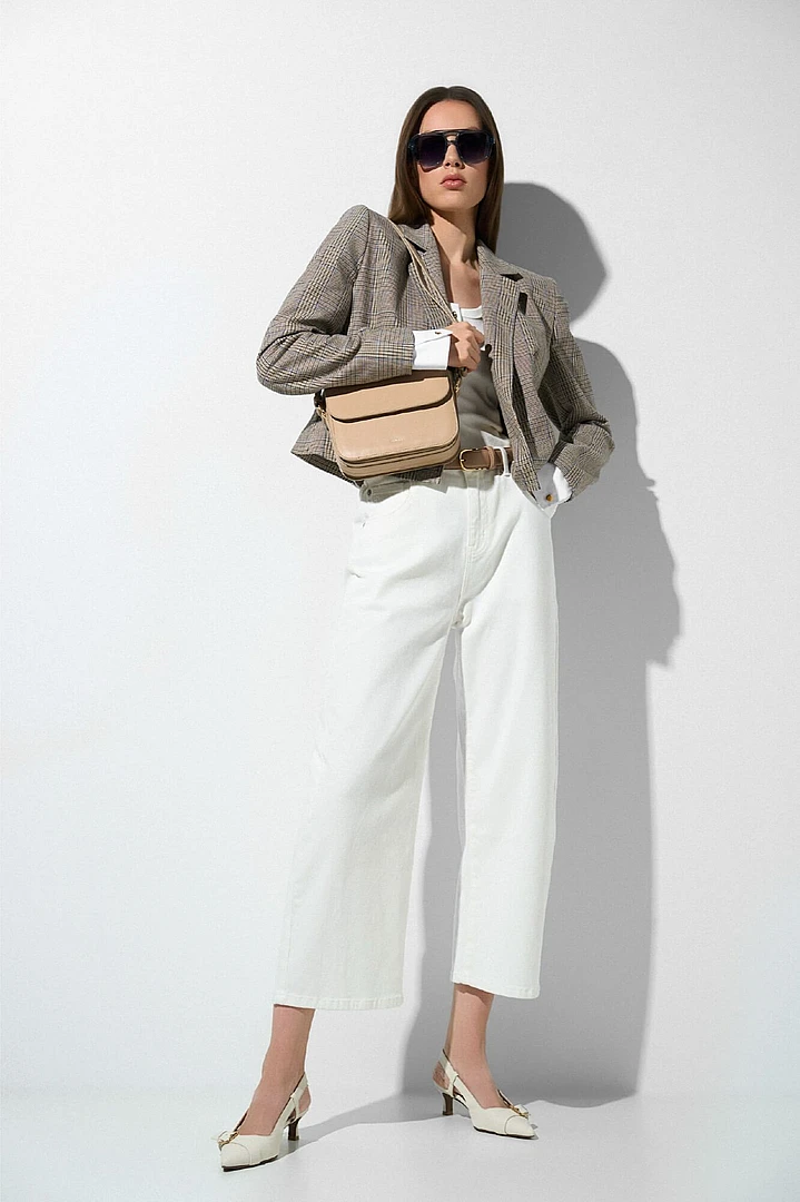 Women's Short Checkered Blazer in Beige