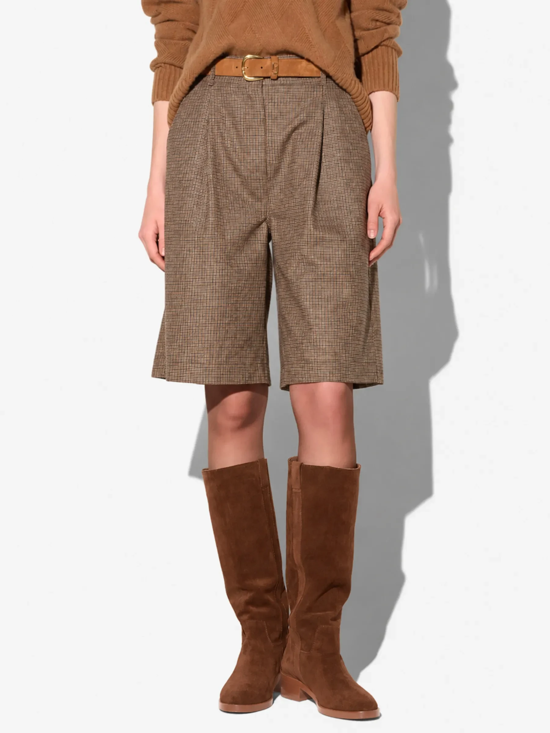 Shorts Broek Dames Rechte Pijp Bruine Kleine Ruit Lou