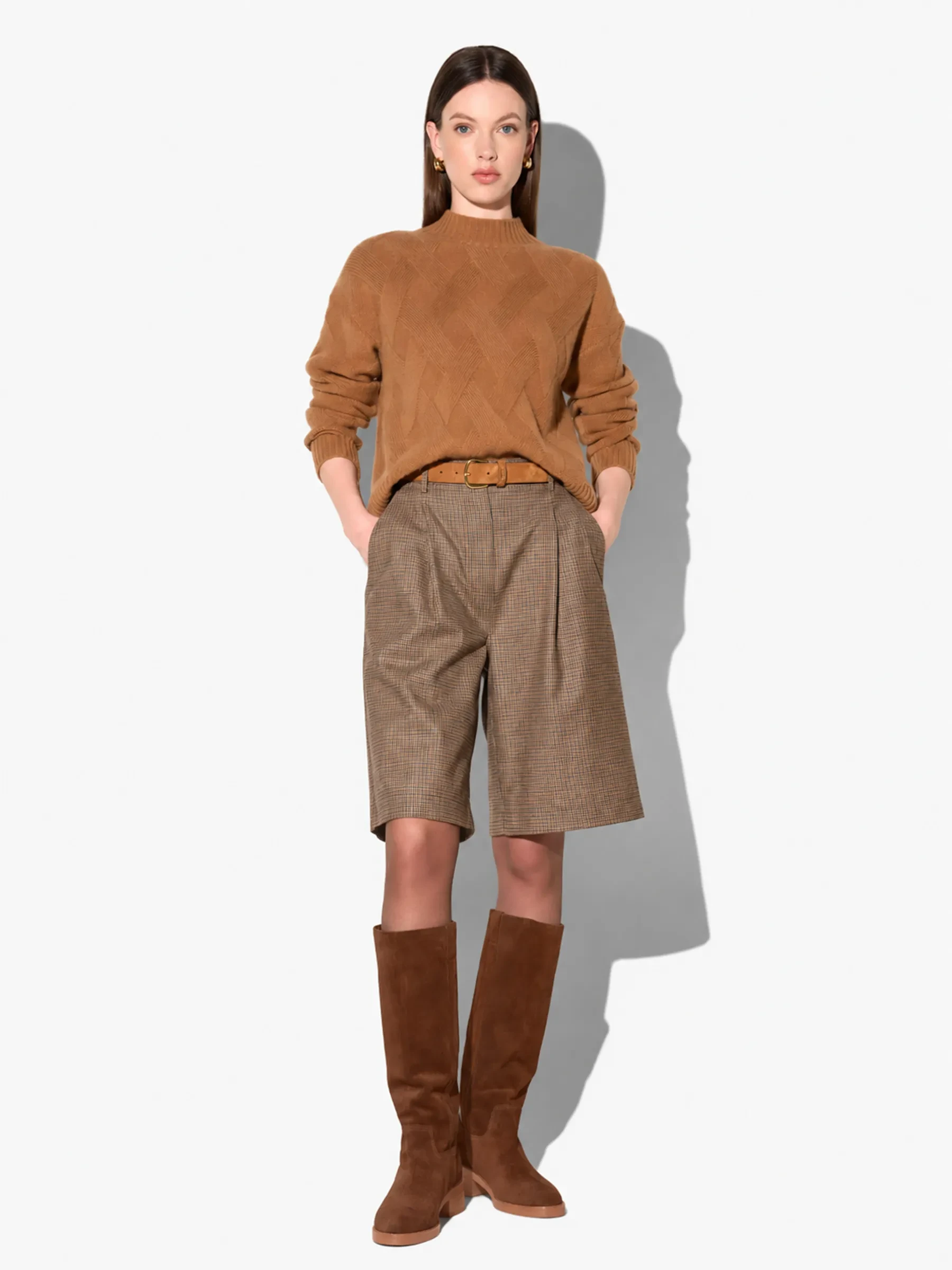 Shorts Broek Dames Rechte Pijp Bruine Kleine Ruit Lou