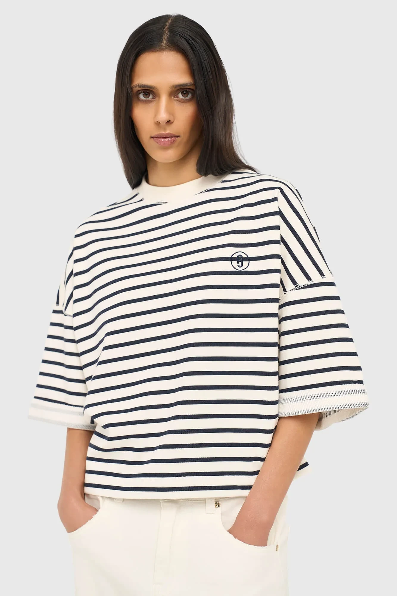 Women's Blue and White Striped Cotton Sweater by Aiden