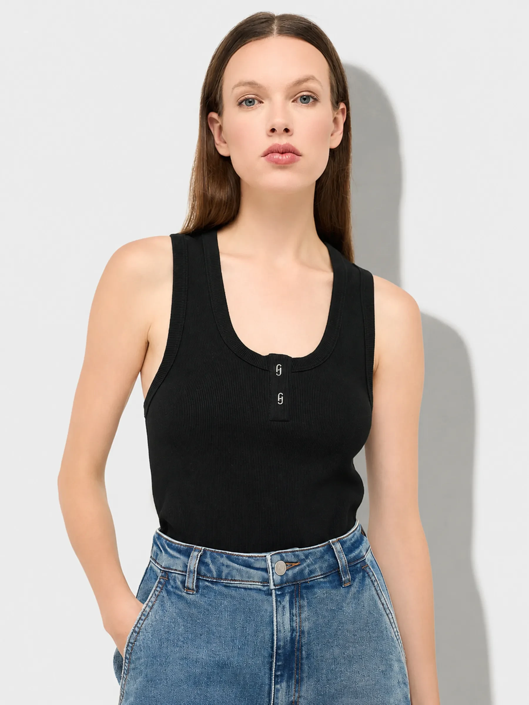 Tanktop für Damen aus Baumwolle mit Logo-Aufdruck, Rolf, schwarz