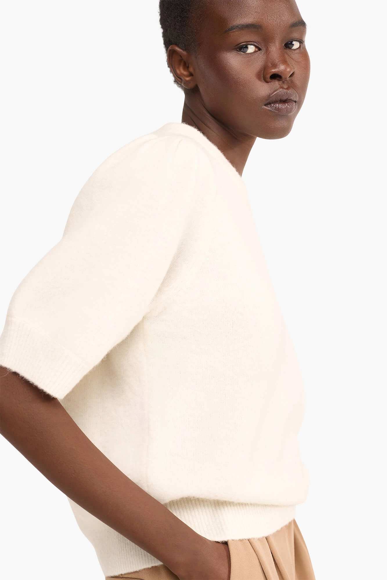 Pullover aus Merinowolle mit Puffärmeln, Modell Peyton, Off-White