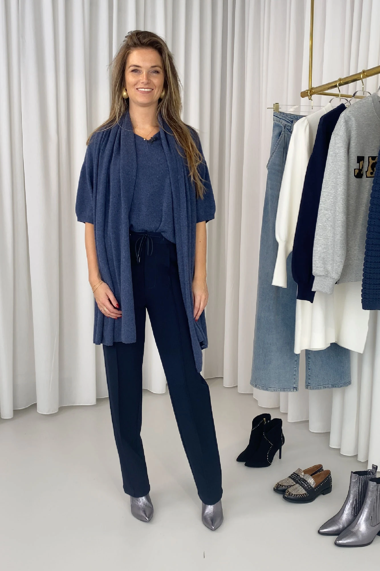 Gebreide trui korte mouw blauw Dames
