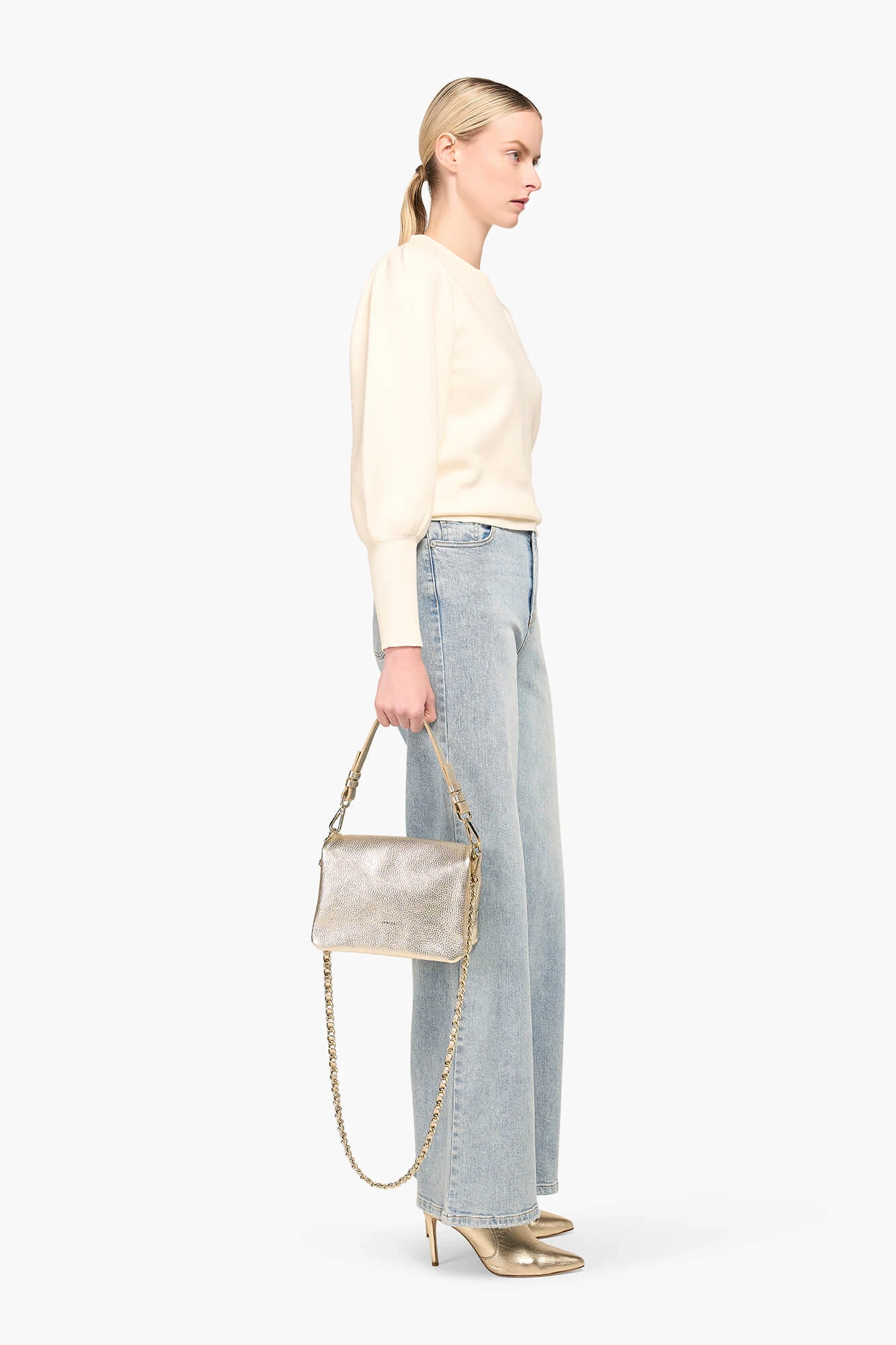 Trui Dames Pof Mouw Viscose Jay Off White Goud