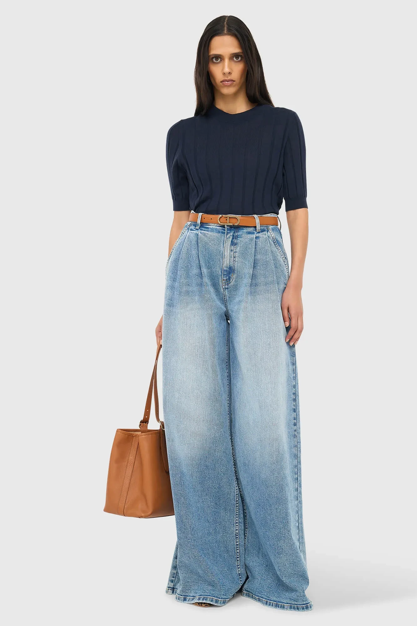 Weite Stretch-Jeans mit hoher Taille, Dollar-Blau, 786