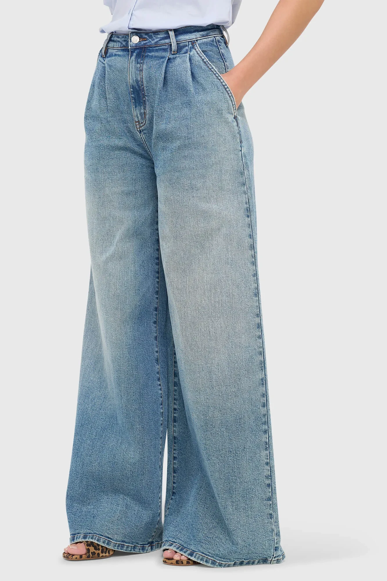 Wide-Leg Stretch High-Rise Jeans, Dollar Blue, Size 379