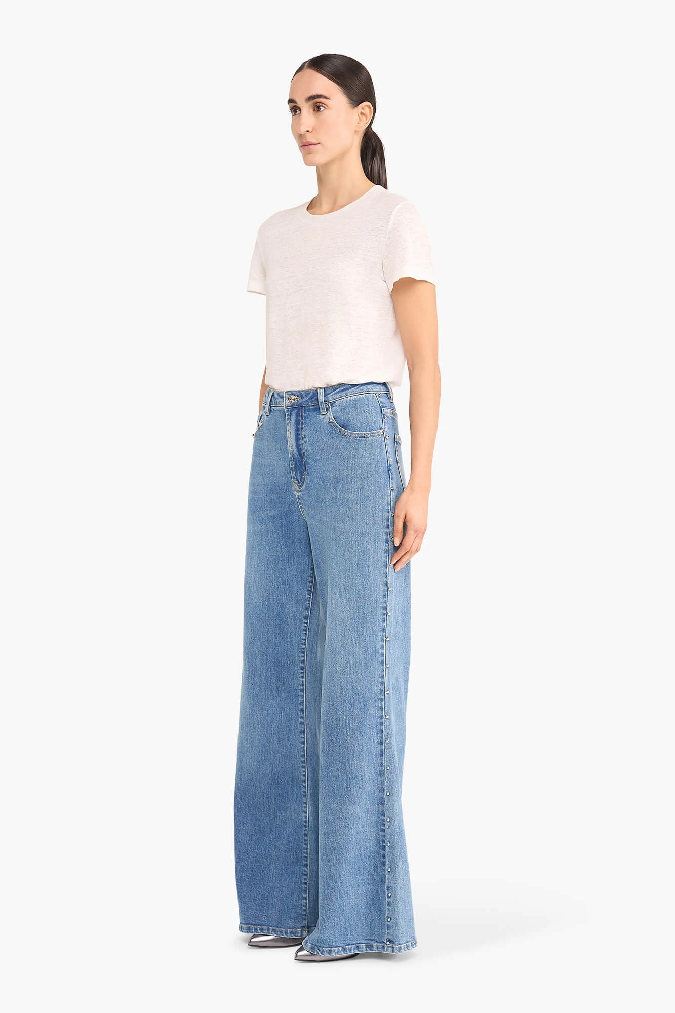 High-Waist-Jeans mit weitem Bein und Nieten, Mason, Blau 028