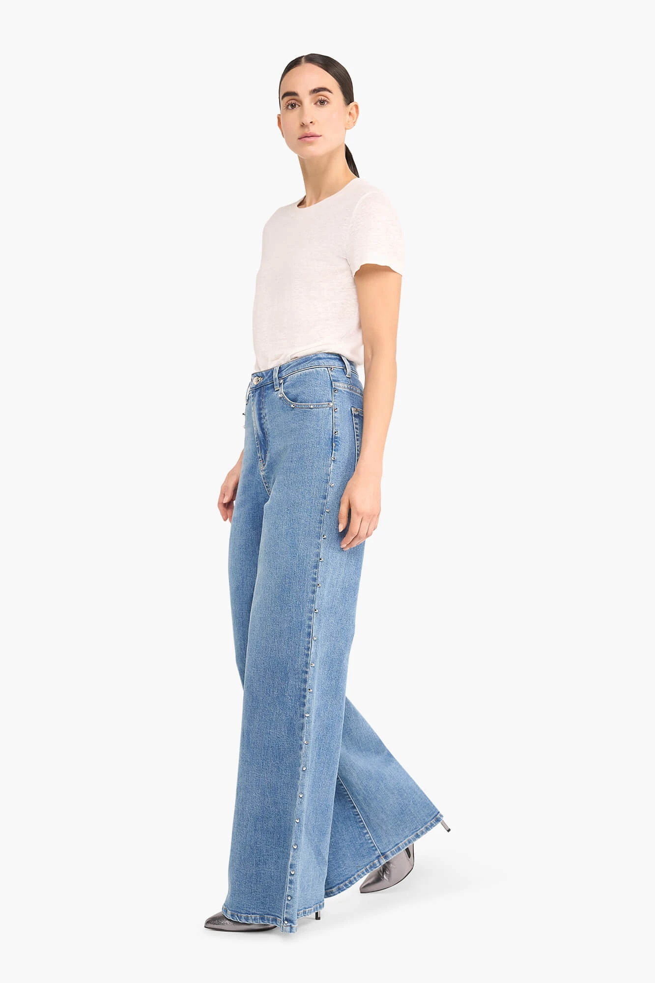 High-Waist-Jeans mit weitem Bein und Nieten, Mason, Blau 028