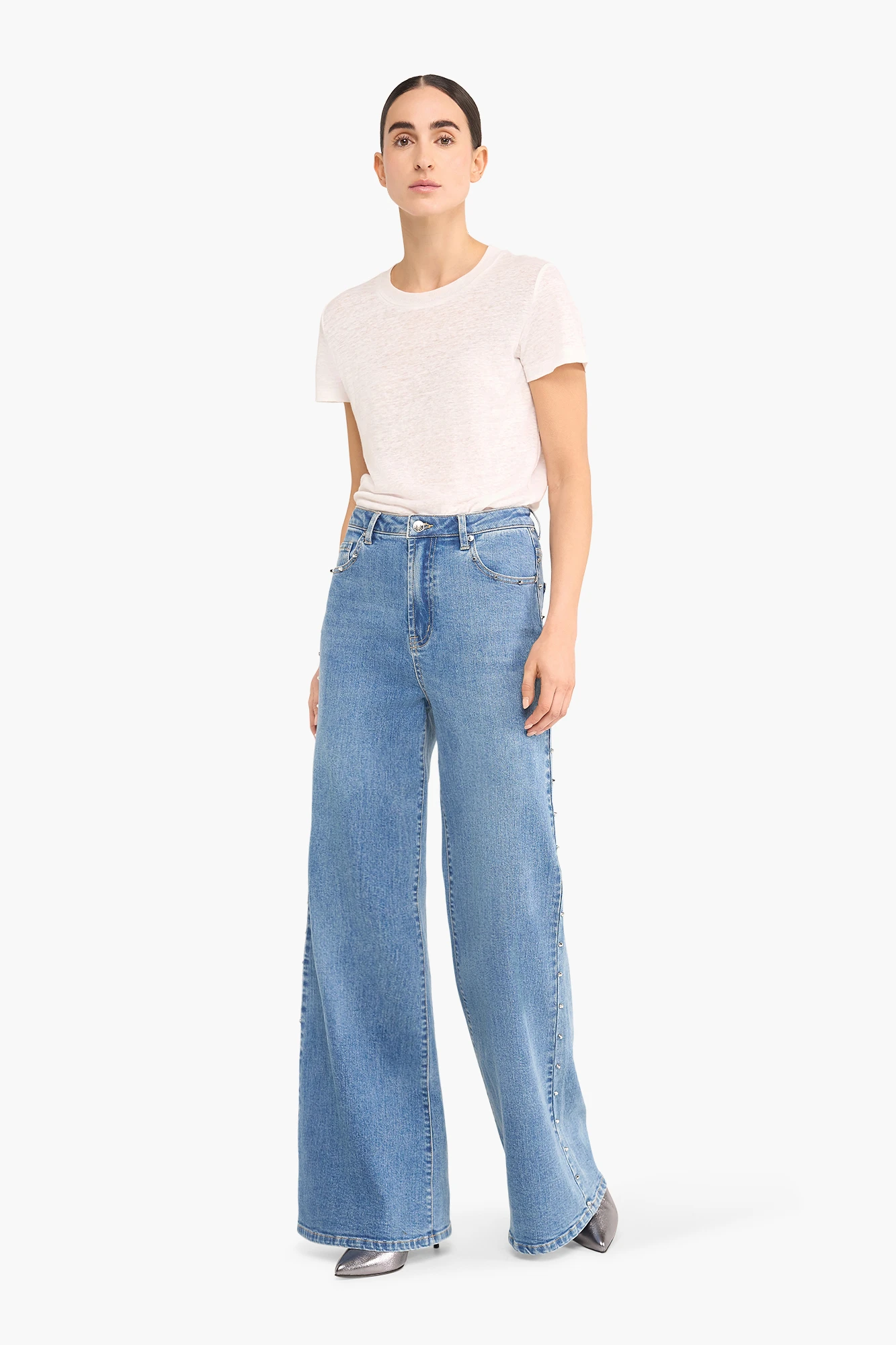 High-Waist-Jeans mit weitem Bein und Nieten, Mason, Blau 028