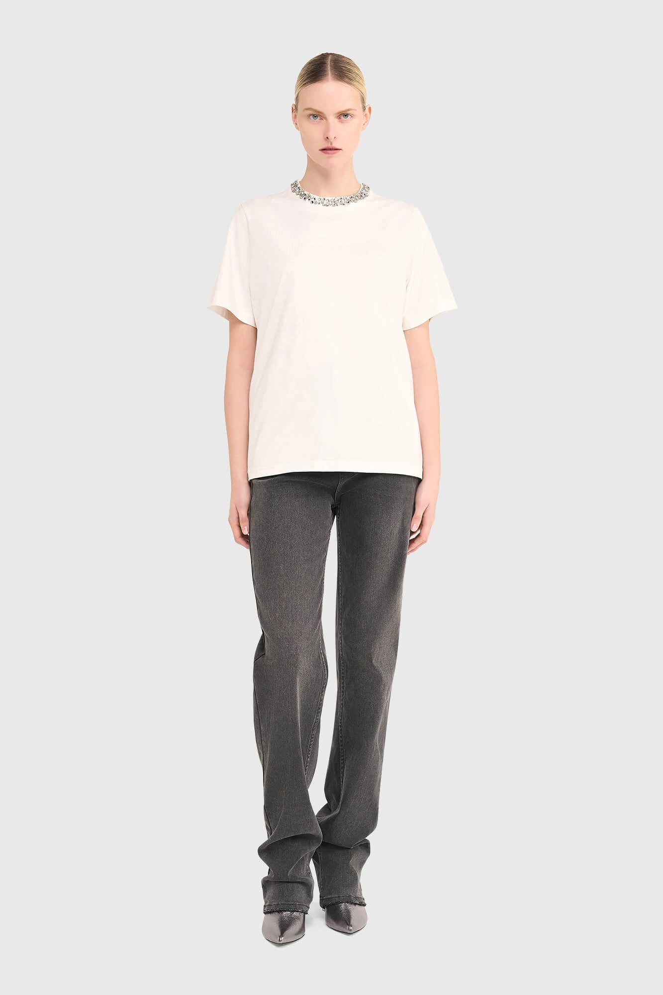 Damen-Shirt mit Strasssteinen, Rock, Weiß