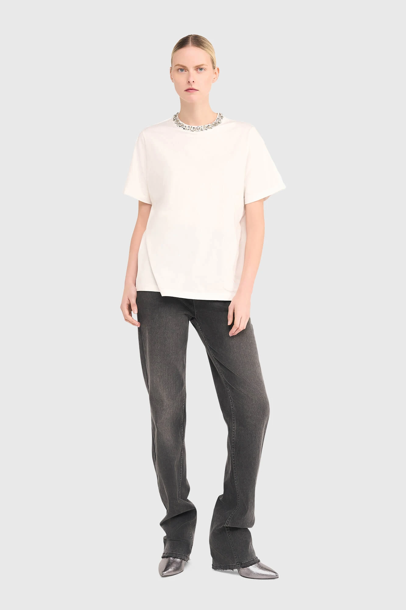 Damen-Shirt mit Strasssteinen, Rock, Weiß
