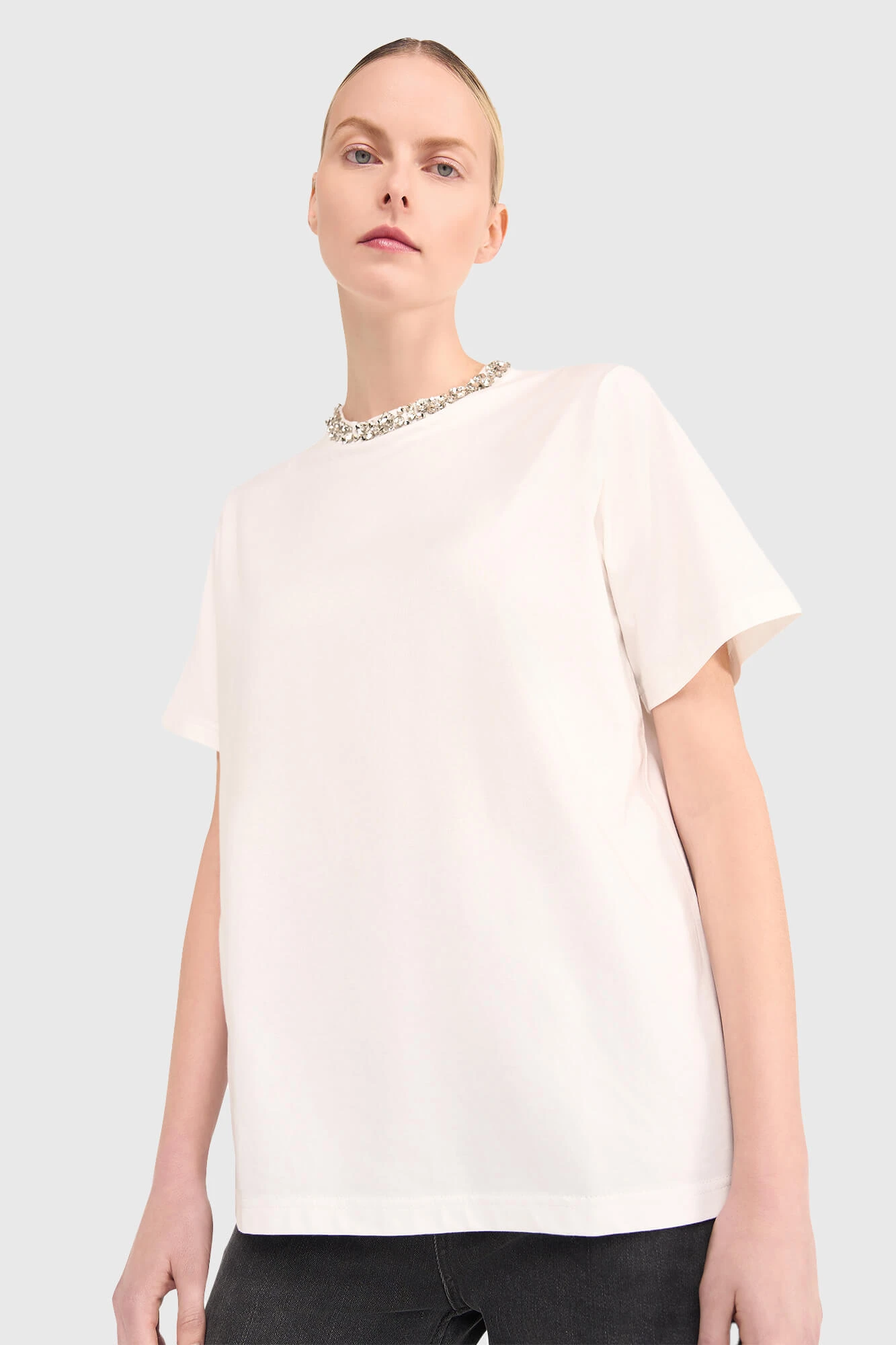 Damen-Shirt mit Strasssteinen, Rock, Weiß