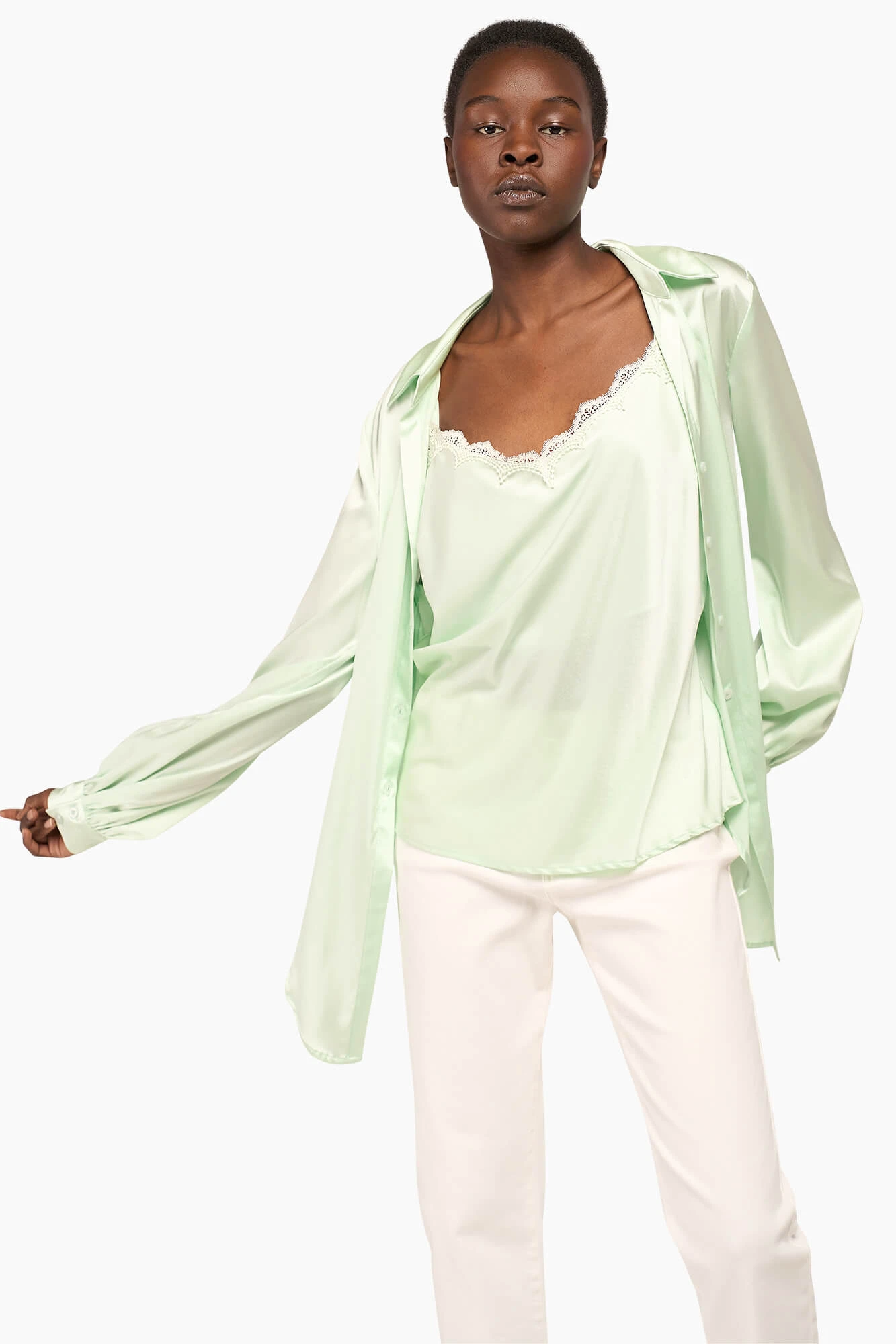 Zijden Top Dames Kant River Mint
