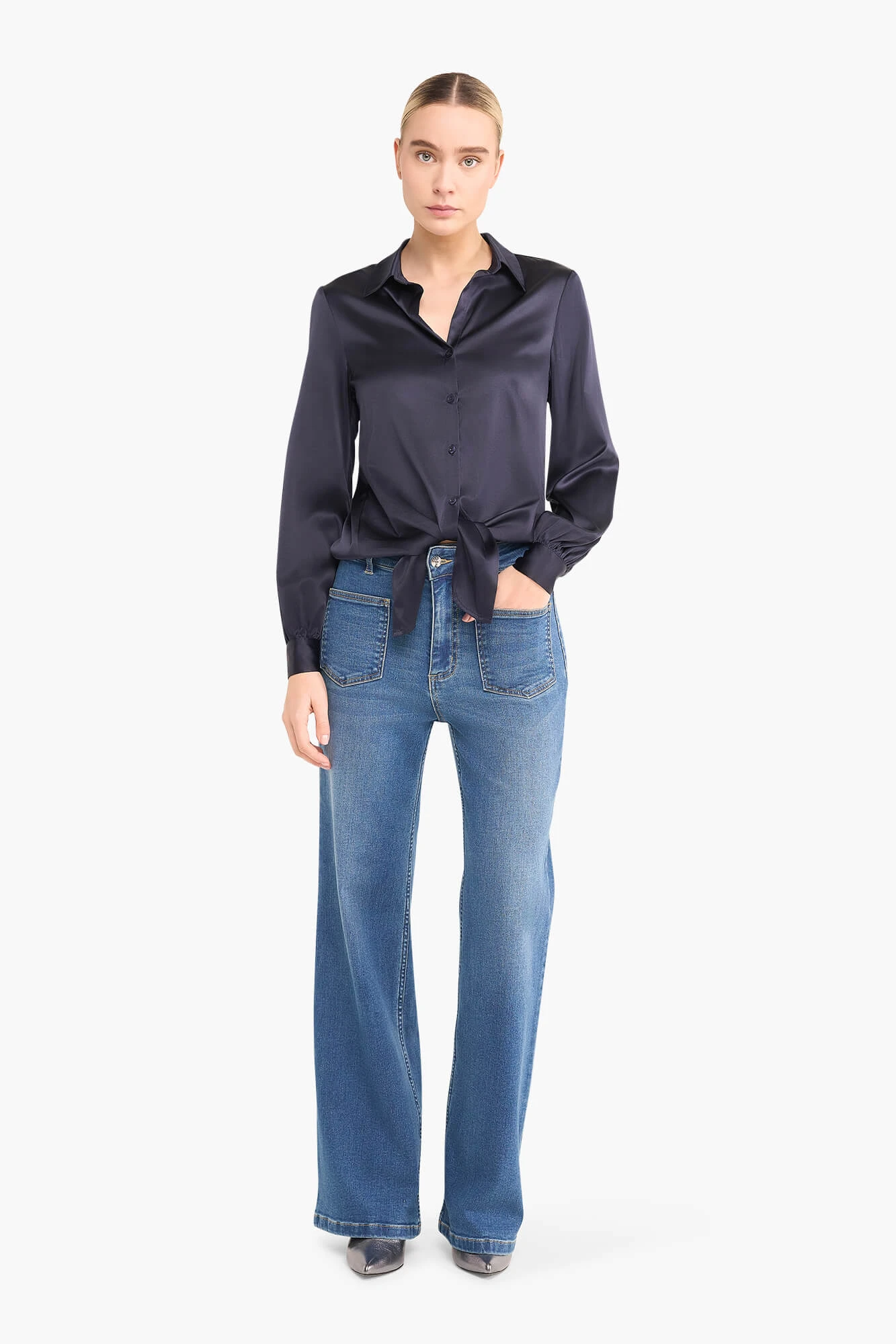 Zijden Blouse Dames Stretch Bobby Donker Blauw