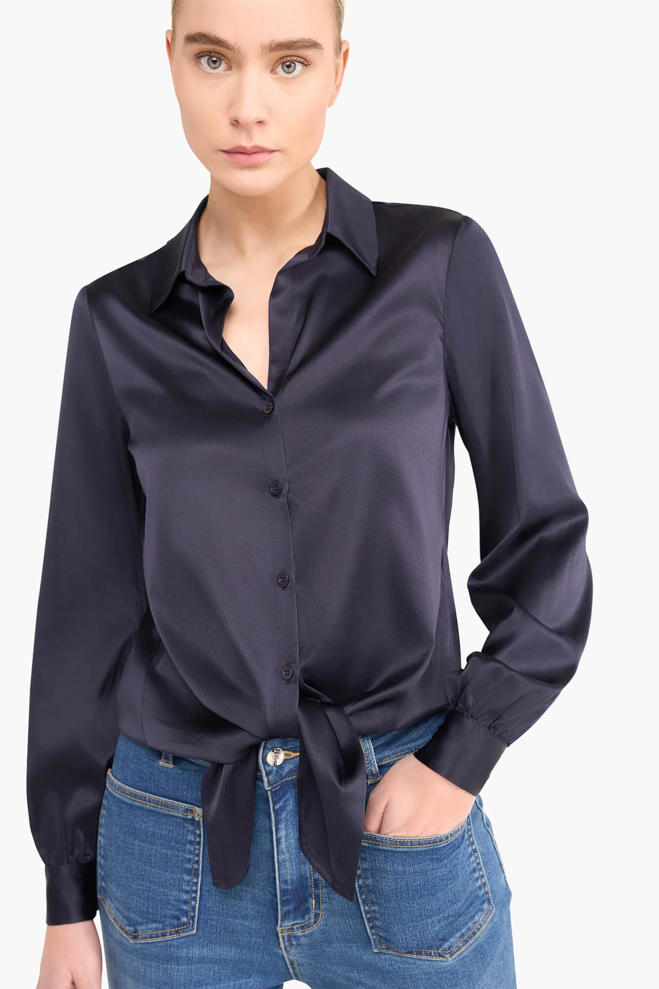 Zijden Blouse Dames Stretch Bobby Donker Blauw