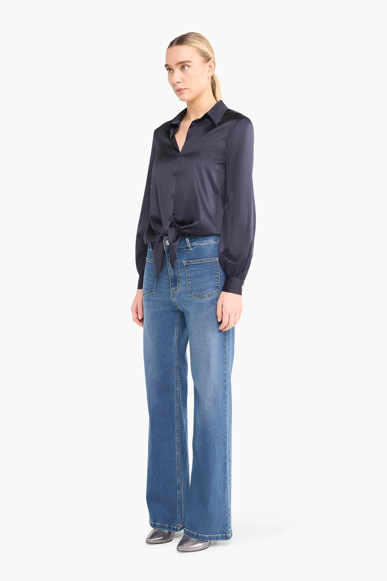 Zijden Blouse Dames Stretch Bobby Donker Blauw