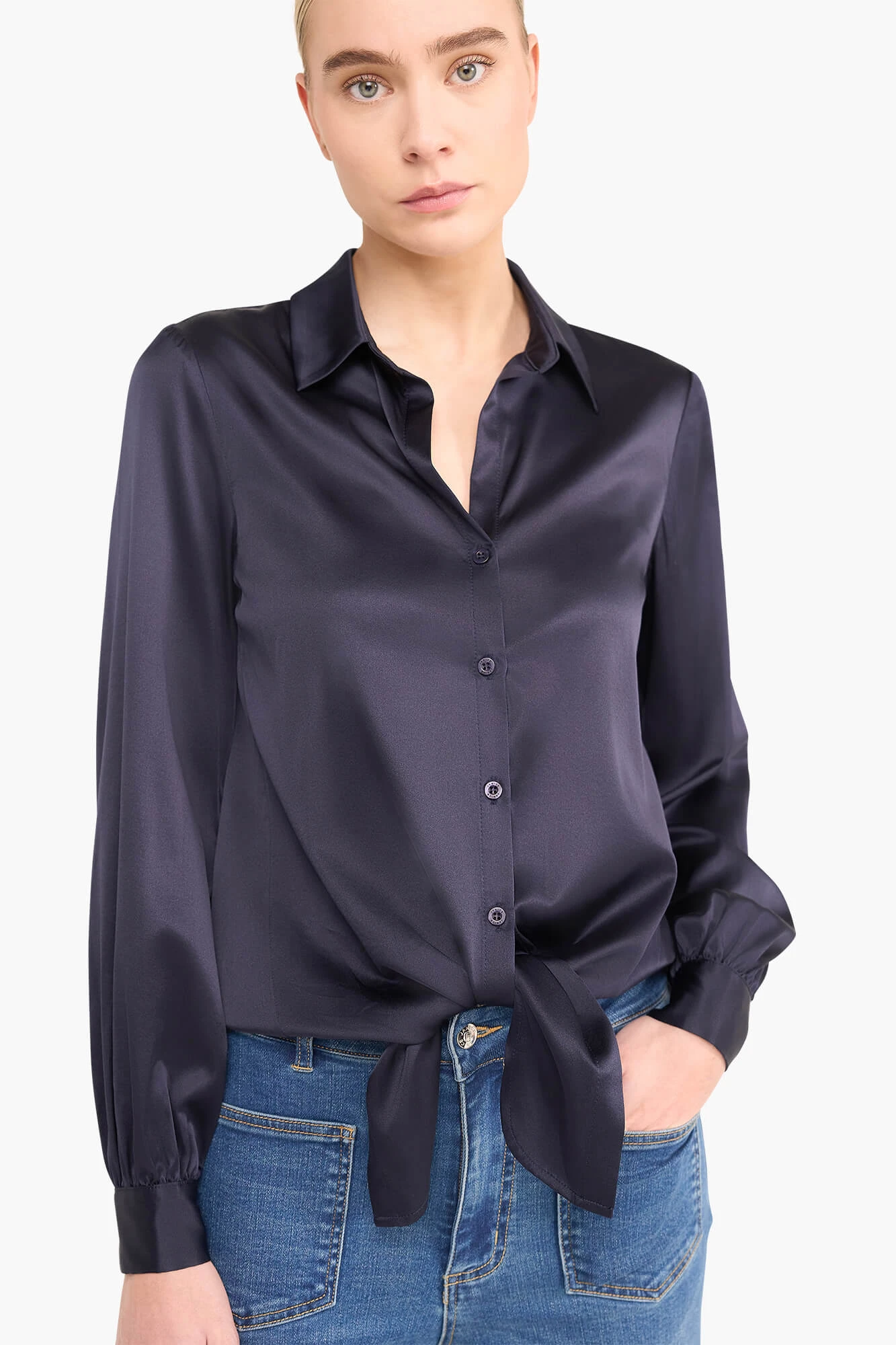 Zijden Blouse Dames Stretch Bobby Donker Blauw