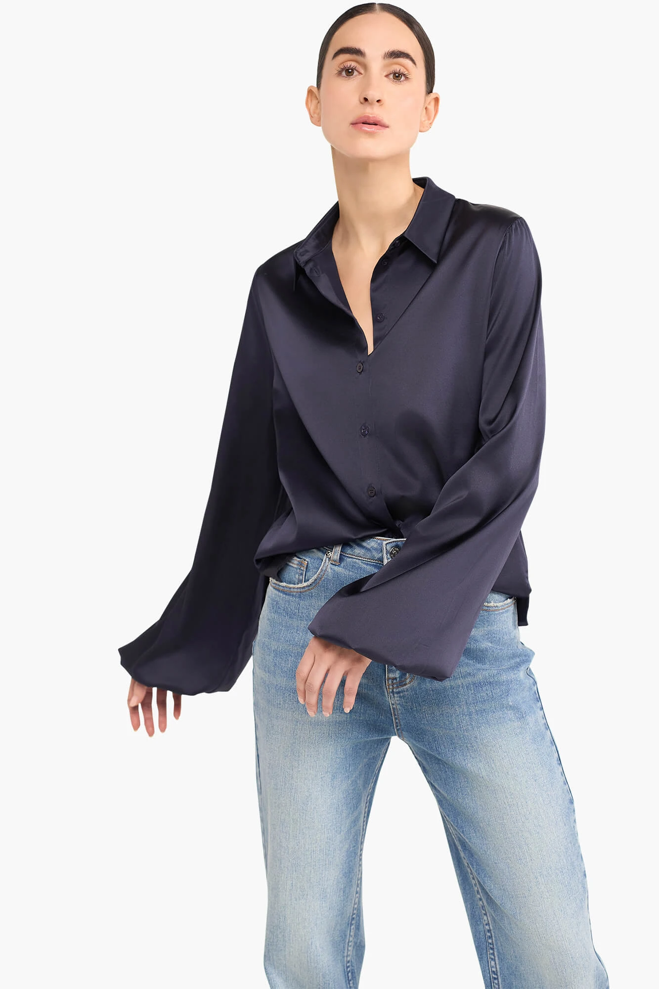 Zijden Blouse Dames Stretch Abe Donker Blauw