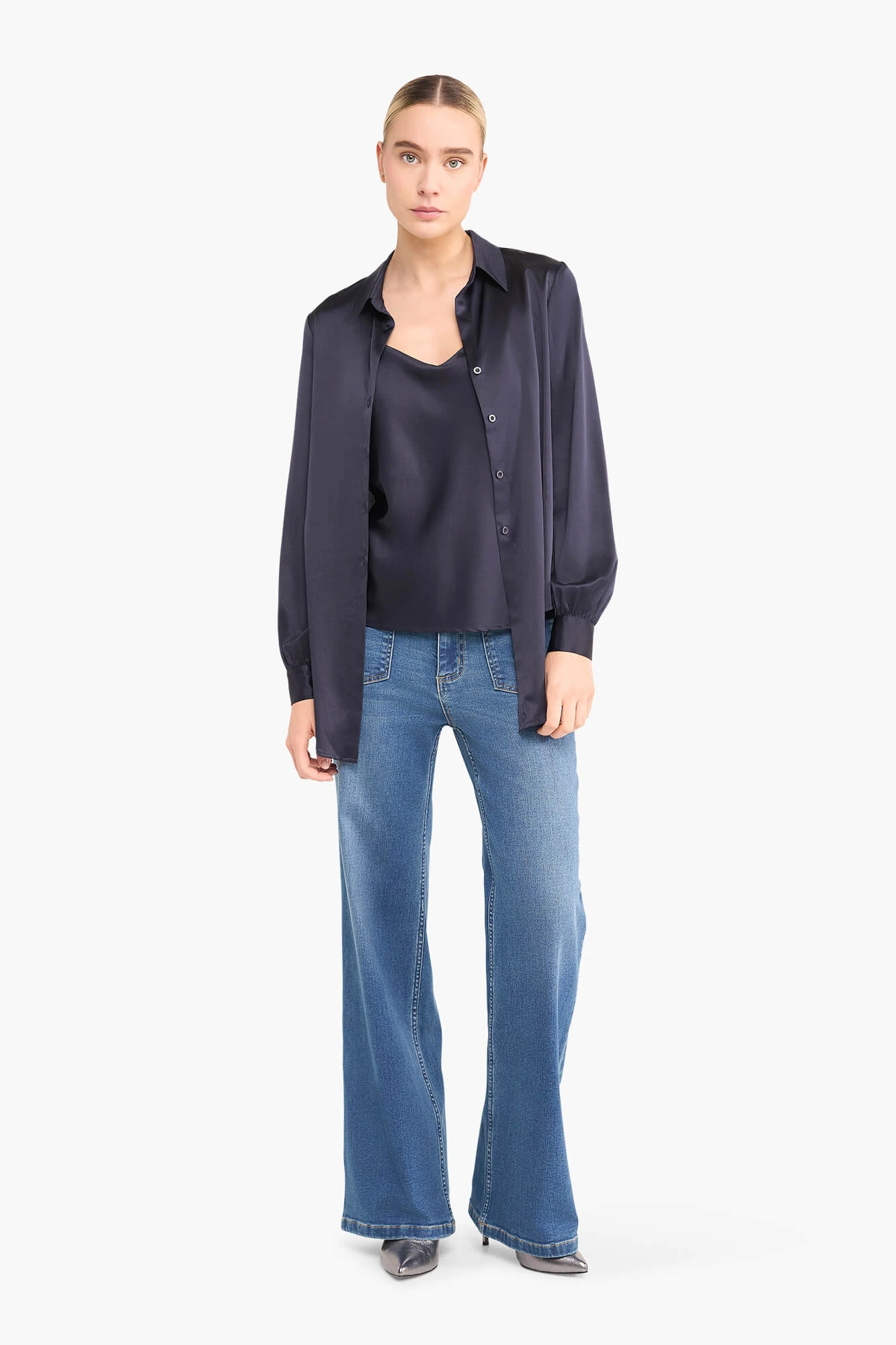 Zijden Top Dames Stretch River Donker Blauw
