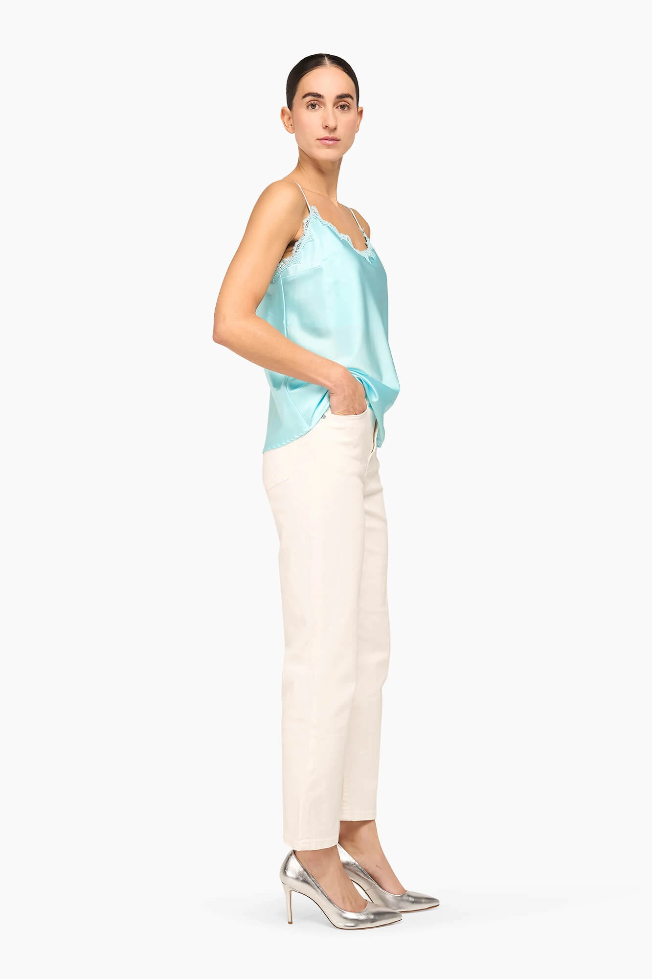 Zijden Top Dames Kant River Blauw