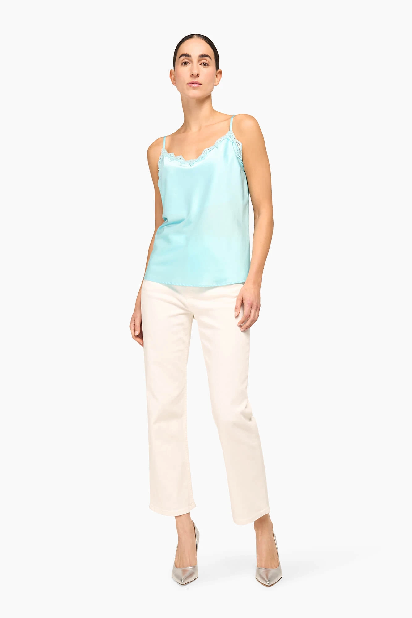 Women's Silk Top with Lace, River Blue