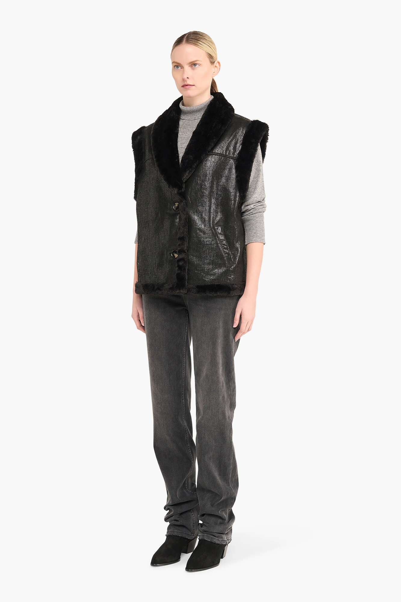 Lederweste für Damen „Justin“ in Schwarz mit Metallic-Fellbesatz