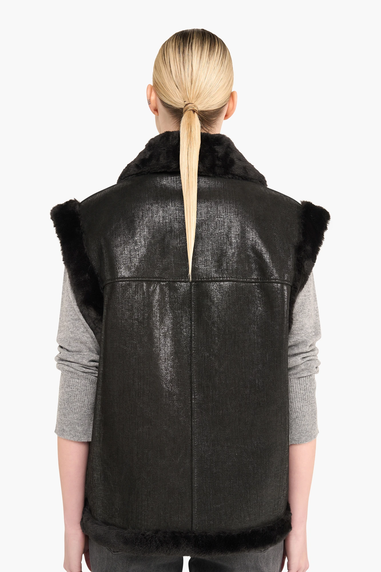 Leren Dames Vest Justin Zwart Metallic Bont